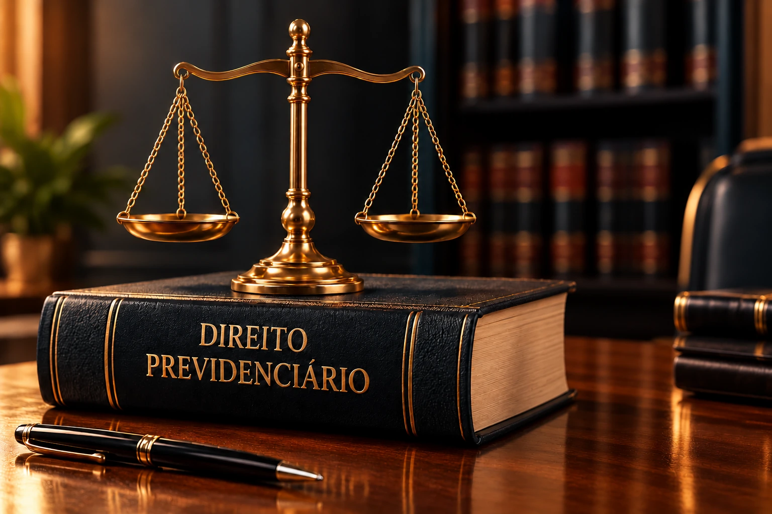 Balança dourada realista sobre o livro Direito Previdenciário