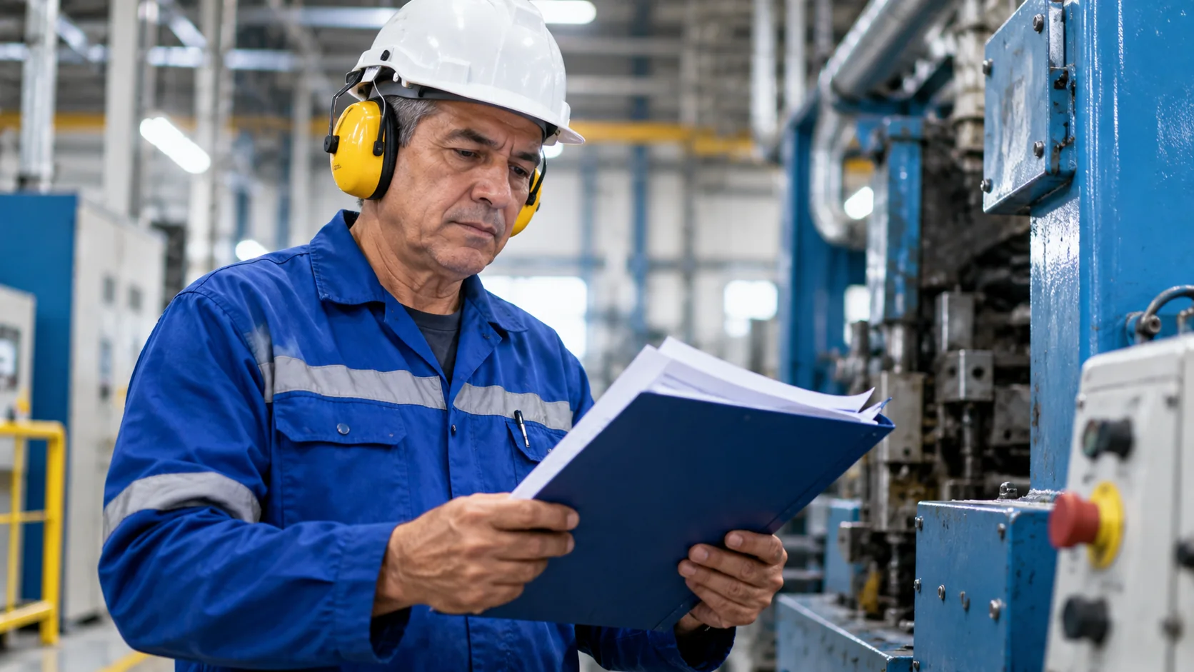 Trabalhador industrial com proteção auditiva revisando documentos