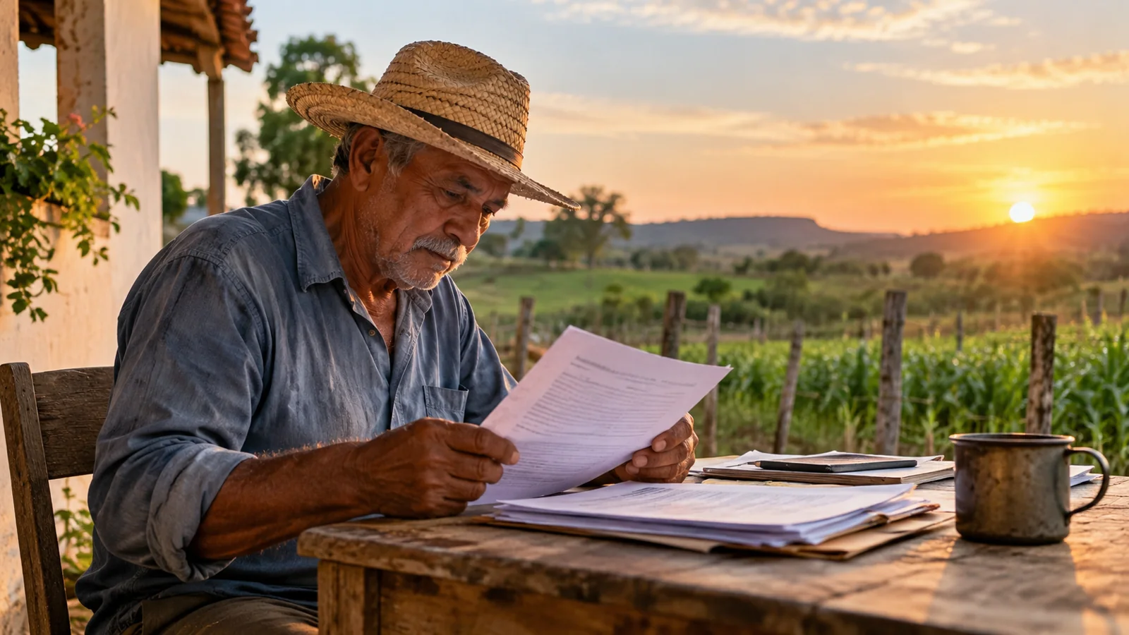 Agricultor examinando documentos diante de uma paisagem rural